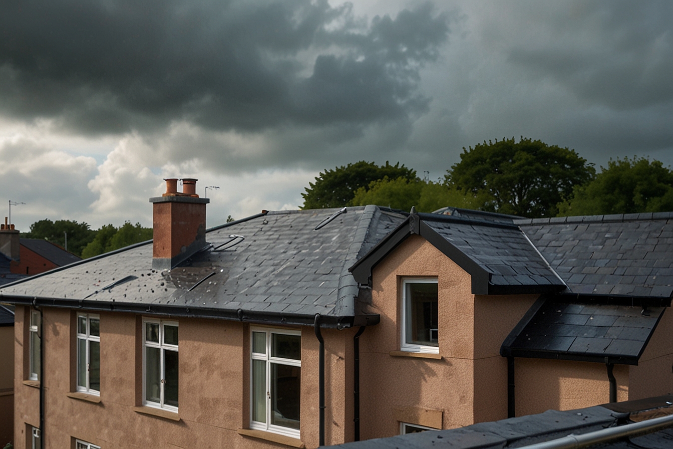 Comparison of flat roof and pitched roof homes in Glasgow during rainy weather showing drainage performance
