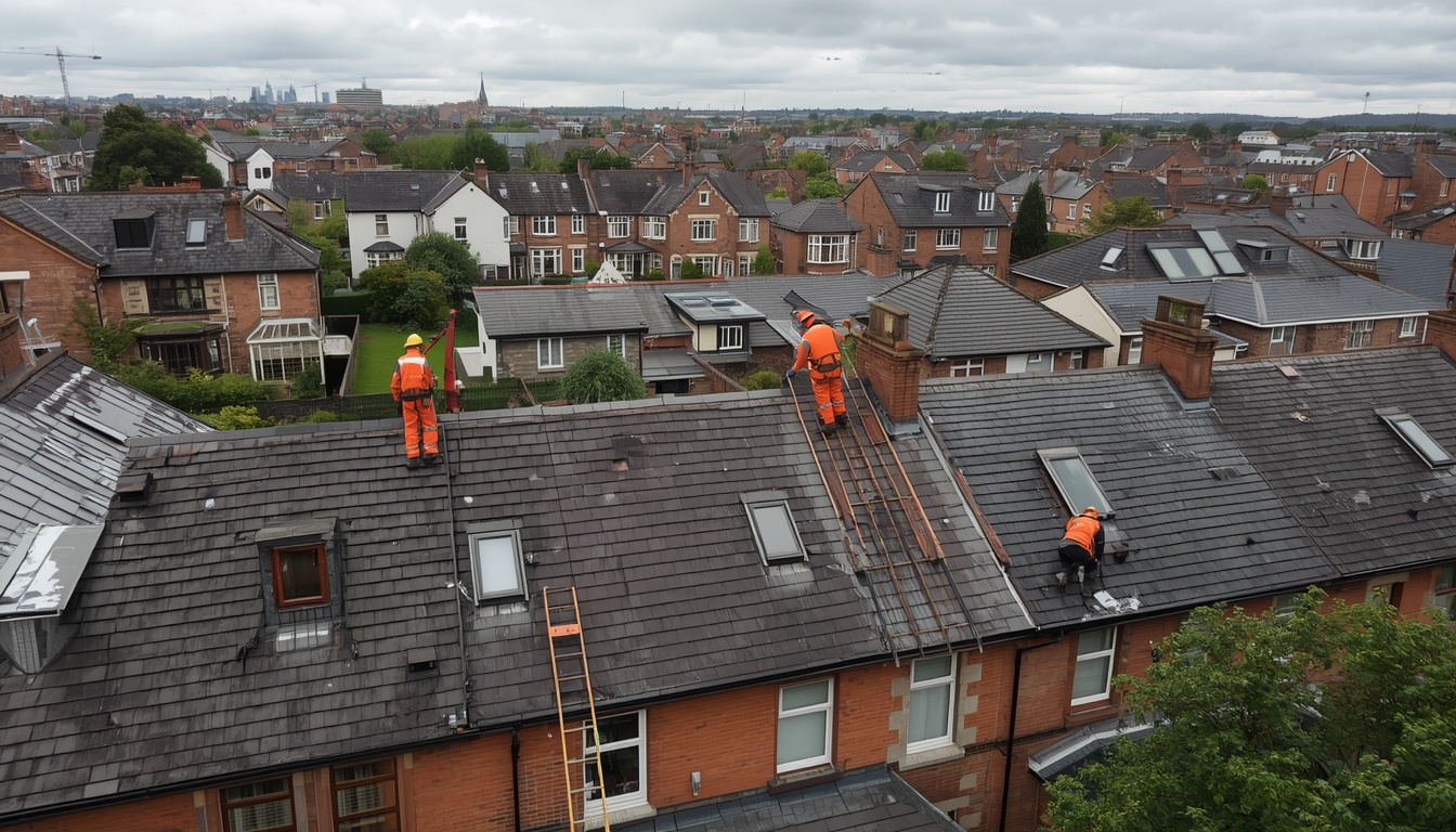 Professional roofing contractors inspecting residential rooftops in a Glasgow neighbourhood to assess roof condition and weather protection.